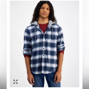 Sun + Stone Blue Plaid Hoodie Flannel Shirt size L {218}